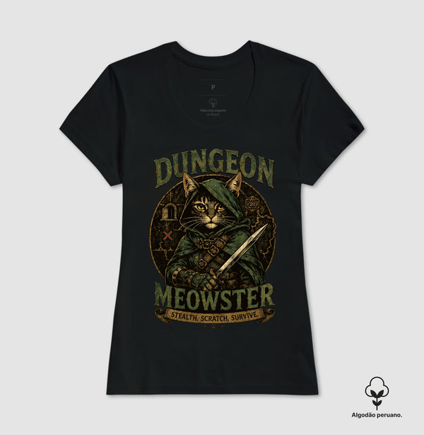 Camiseta RPG Dungeon Meowster Stealth, Scratch, Survive Algodão Peruano
