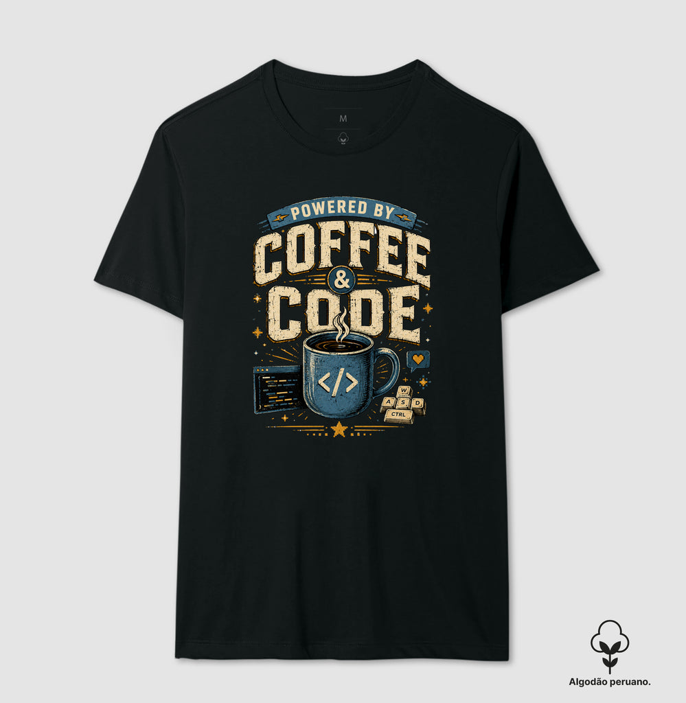 Camiseta Powered By Coffee & Code Algodão Peruano