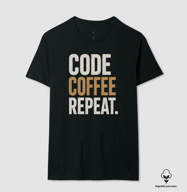 Camiseta Programador Code Coffee Repeat Algodão Peruano