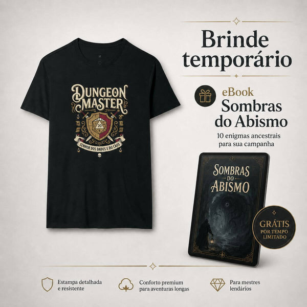 Camiseta Dungeon Master Senhor dos Dados e do Caos | +eBook Grátis Sombras do Abismo