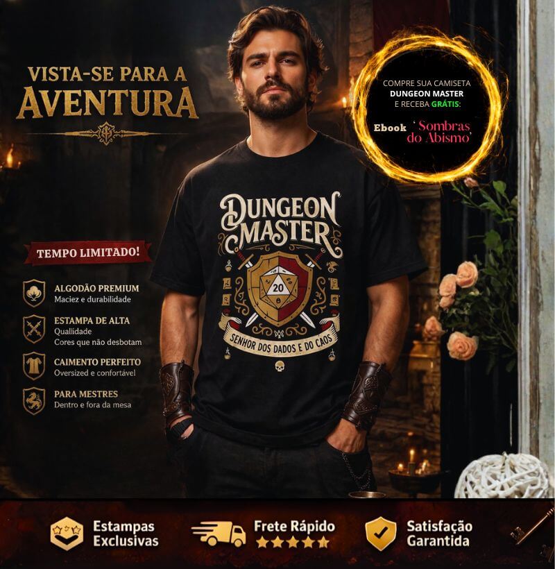 Camiseta RPG Dungeon Master Senhor Dos Dados e do Caos + eBook RPG Com 10 Enigmas Ancestrais Sombras do Abismo Vol. 1