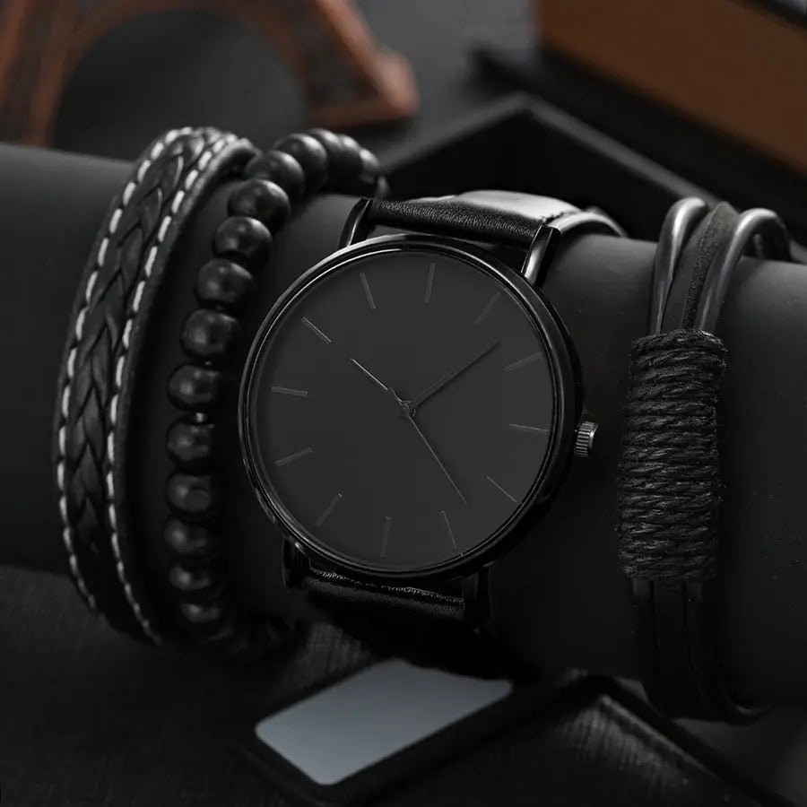 Relógio All Black Casual Estilo +3 Pulseiras Presente Criativo