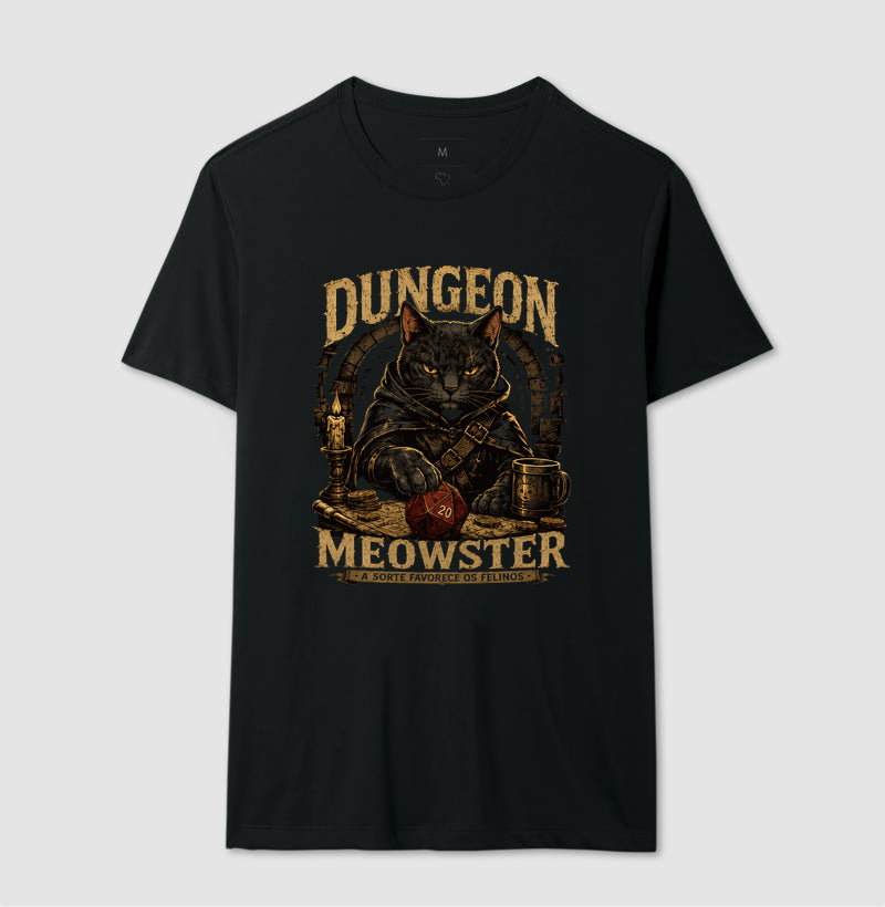 Camiseta RPG Dungeon Meowster A Sorte Favorece Os Felinos