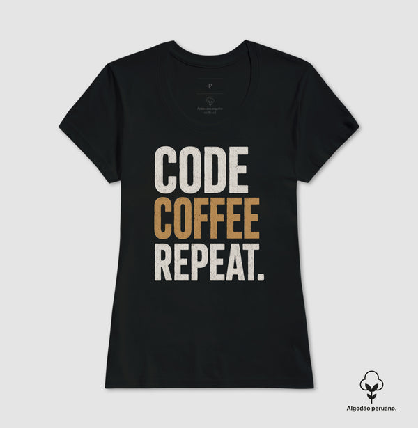 Camiseta Programador Code Coffee Repeat Algodão Peruano