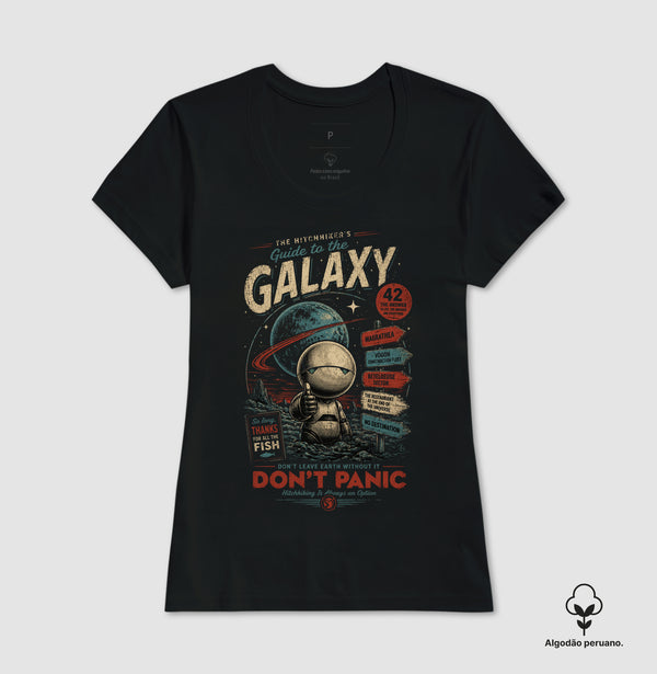 Camiseta Don't Panic Guia do Mochileiro das Galáxias Algodão Peruano